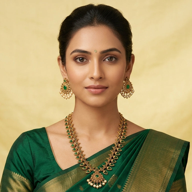 Emerald Temple Drop Long Necklace Set