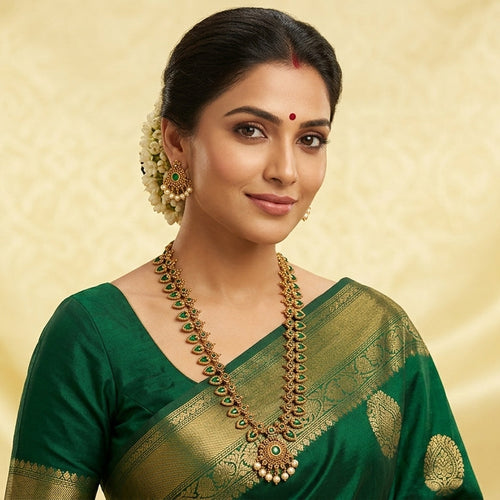 Emerald Temple Drop Long Necklace Set