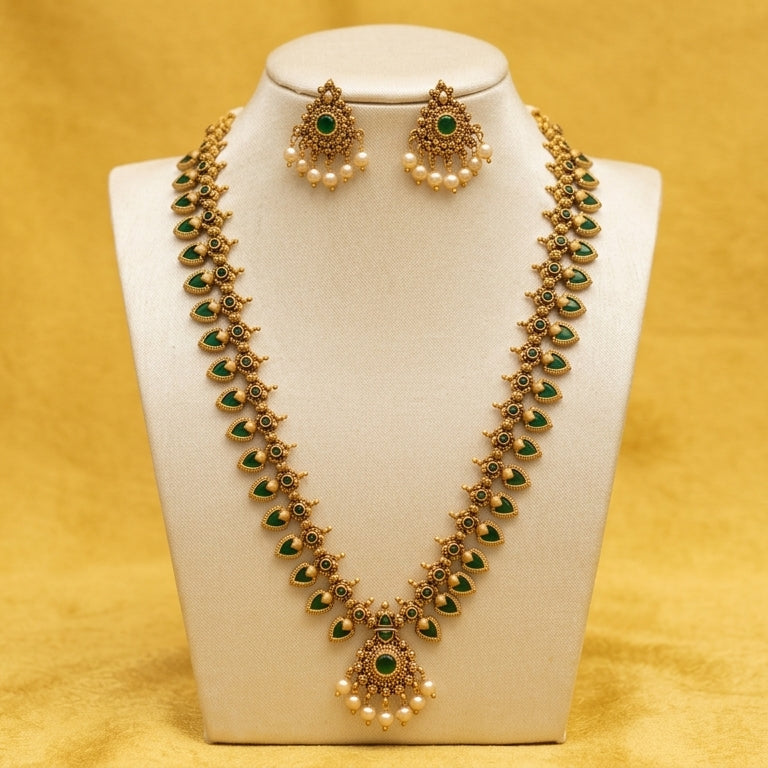 Emerald Temple Drop Long Necklace Set