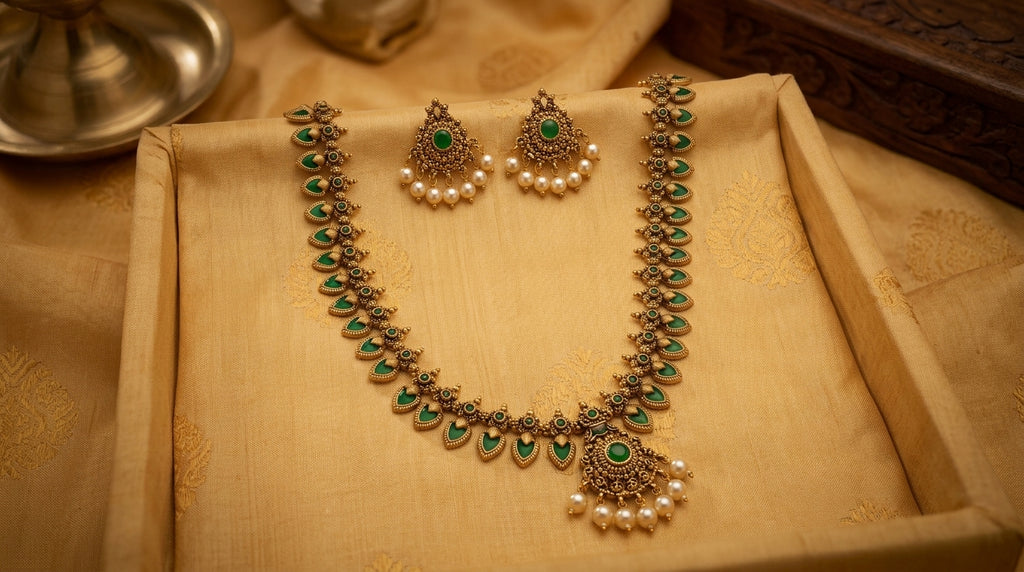 Emerald Temple Drop Long Necklace Set