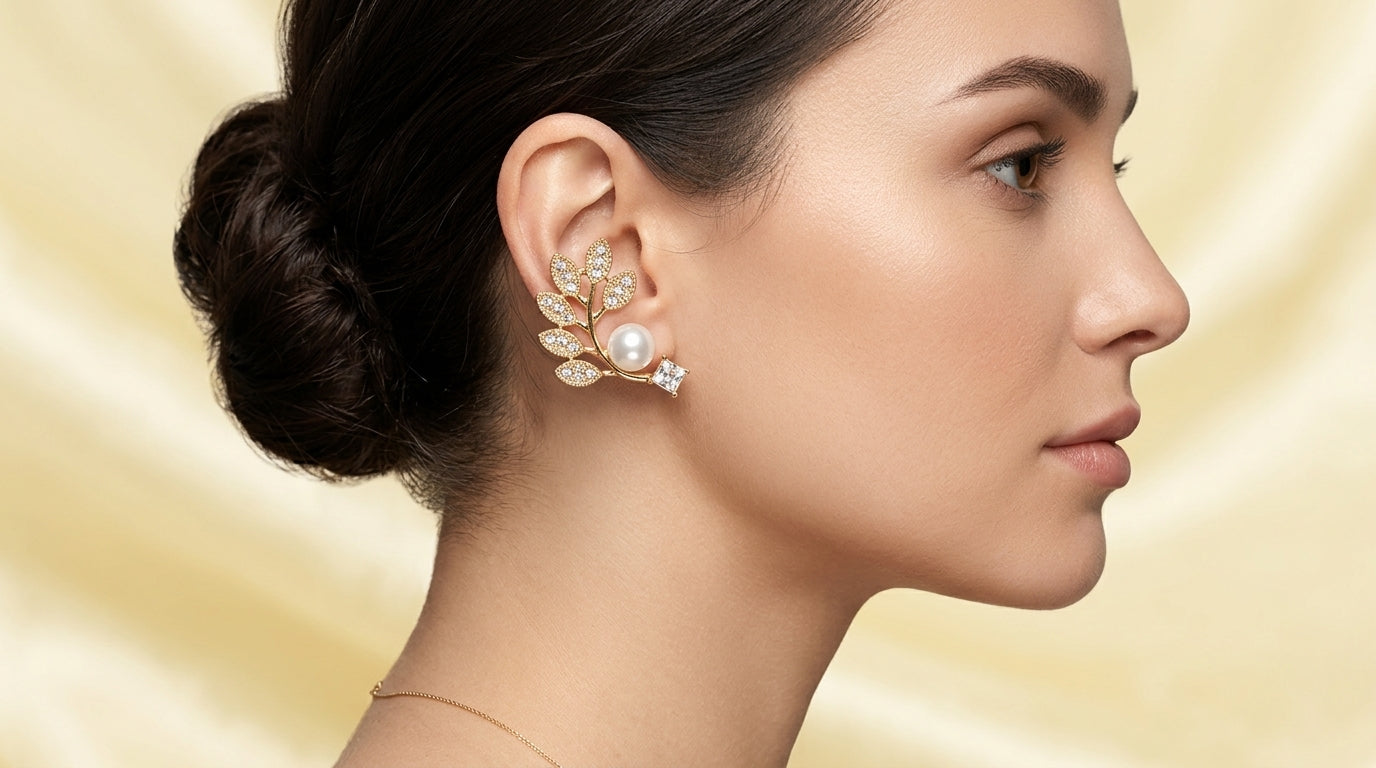 Elegant Pearl Leaf Crystal Earrings