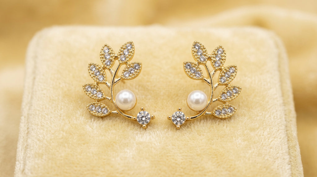 Elegant Pearl Leaf Crystal Earrings