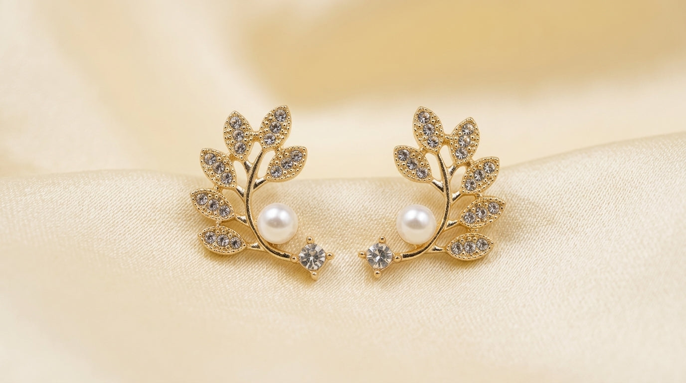 Elegant Pearl Leaf Crystal Earrings