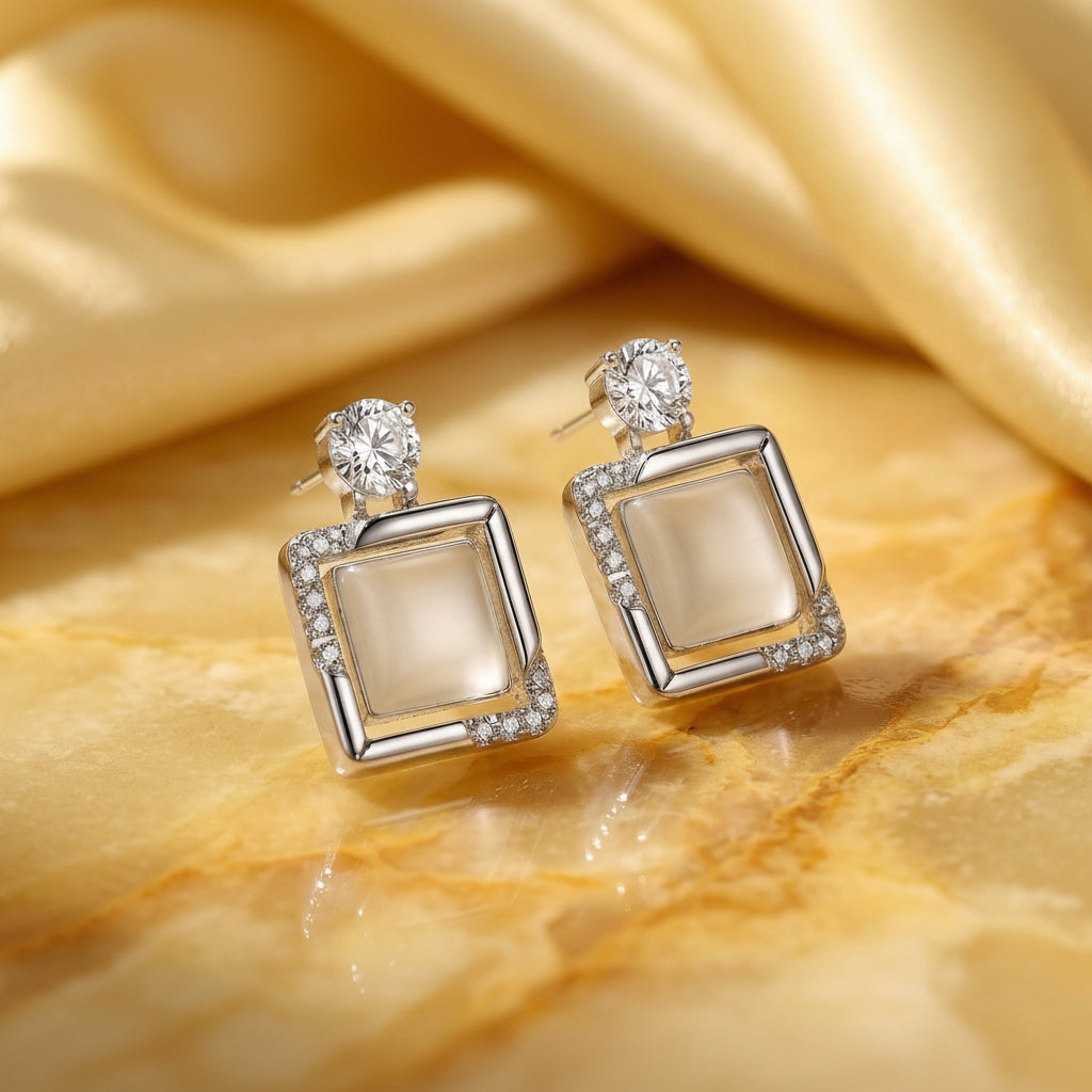 Silver Royale Square Halo Earrings